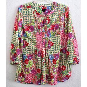 Top/Blouse-Talbots-Sheer-Cotton-Colorful Print-Yellow Green Pink-Tunic Style-Lrg